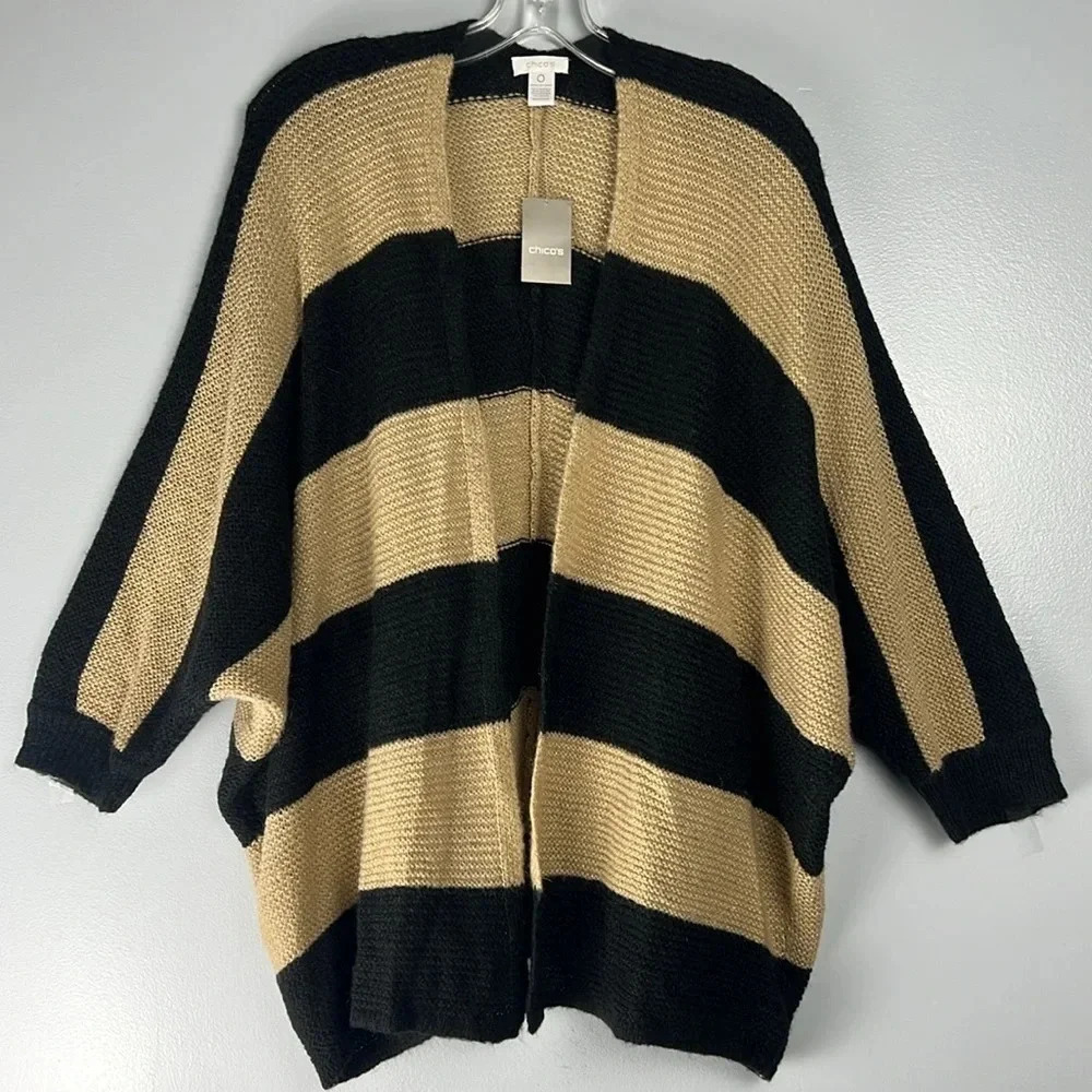 Chico’s Arleen Stripe Mohair Blend Open Front Sweater Cardigan Shimmer Sz. 0 NWT